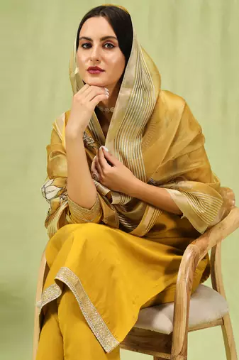 Yellow embroidered viscose roman silk kurta sets