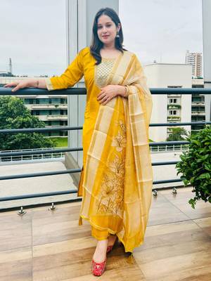 Yellow embroidered viscose roman silk kurta sets 1