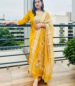 Yellow embroidered viscose roman silk kurta sets