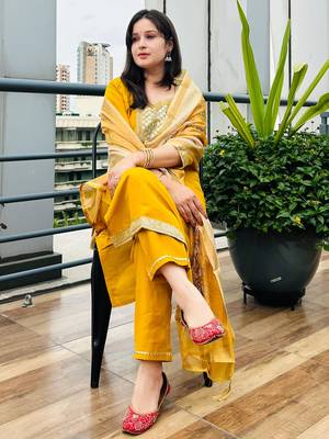 Yellow embroidered viscose roman silk kurta sets 2