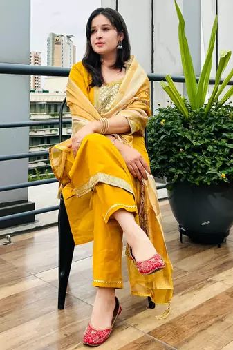 Yellow embroidered viscose roman silk kurta sets