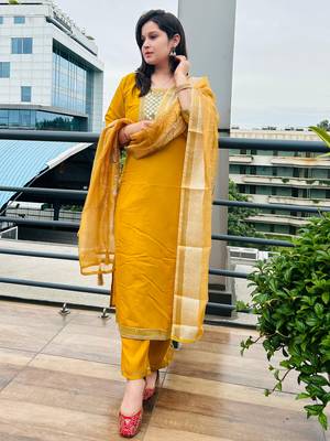 Yellow embroidered viscose roman silk kurta sets 3