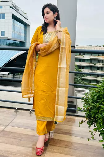 Yellow embroidered viscose roman silk kurta sets