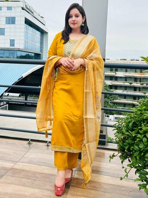 Yellow embroidered viscose roman silk kurta sets 4