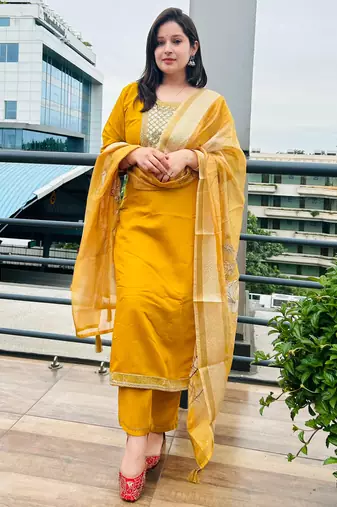 Yellow embroidered viscose roman silk kurta sets