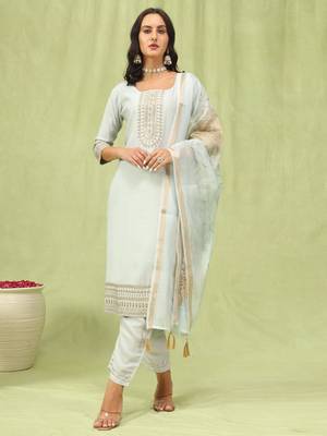 Grey embroidered viscose roman silk kurta sets 1