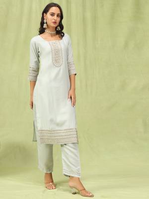 Grey embroidered viscose roman silk kurta sets 2