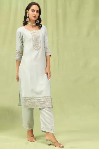 Grey embroidered viscose roman silk kurta sets