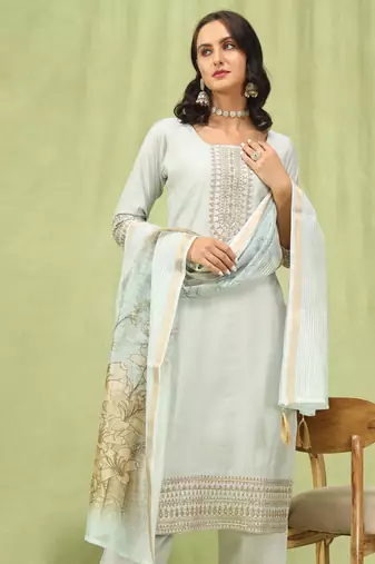 Grey embroidered viscose roman silk kurta sets