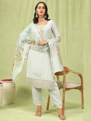 Grey embroidered viscose roman silk kurta sets 4