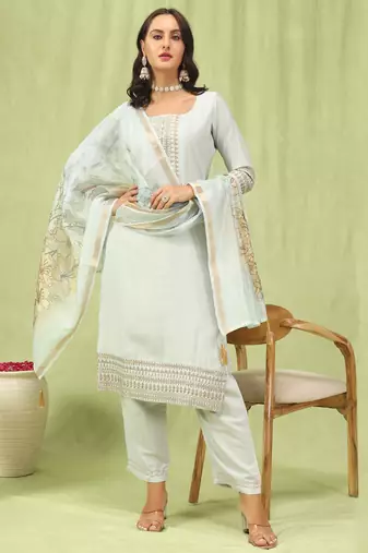 Grey embroidered viscose roman silk kurta sets