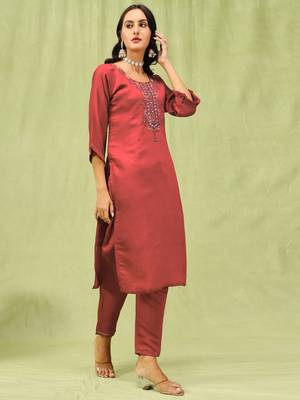 Peach embroidered viscose roman silk kurta sets 1