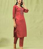 Peach embroidered viscose roman silk kurta sets