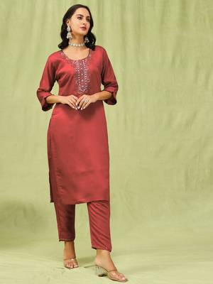 Peach embroidered viscose roman silk kurta sets 2