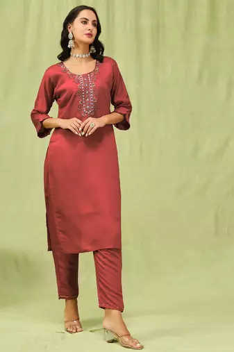 Peach embroidered viscose roman silk kurta sets