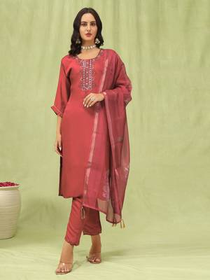 Peach embroidered viscose roman silk kurta sets 3