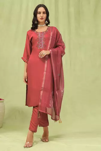 Peach embroidered viscose roman silk kurta sets