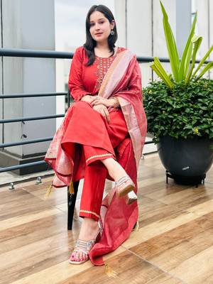 Peach embroidered viscose roman silk kurta sets 1