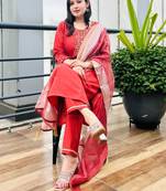 Peach embroidered viscose roman silk kurta sets