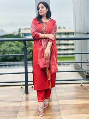 Peach embroidered viscose roman silk kurta sets 2