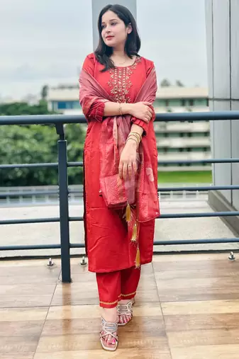 Peach embroidered viscose roman silk kurta sets