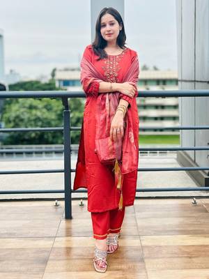 Peach embroidered viscose roman silk kurta sets 3
