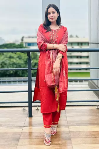 Peach embroidered viscose roman silk kurta sets