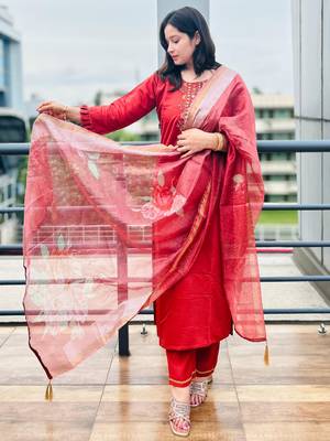 Peach embroidered viscose roman silk kurta sets 4