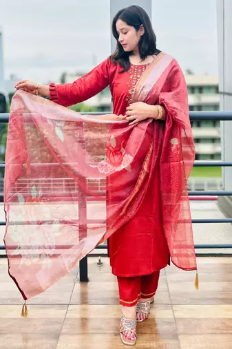 Peach embroidered viscose roman silk kurta sets