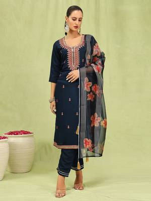 Blue embroidered viscose roman silk kurta sets 1