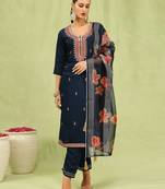 Blue embroidered viscose roman silk kurta sets