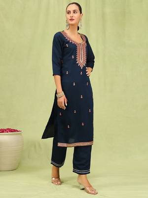 Blue embroidered viscose roman silk kurta sets 2