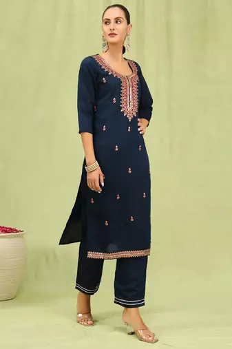 Blue embroidered viscose roman silk kurta sets