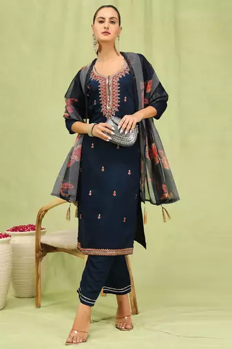 Blue embroidered viscose roman silk kurta sets
