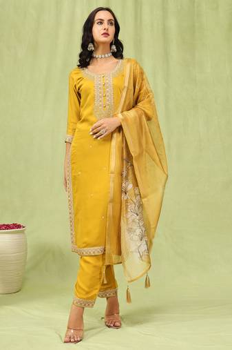 Mustard embroidered viscose roman silk kurta sets