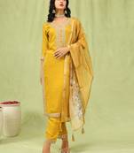 Mustard embroidered viscose roman silk kurta sets