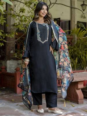 Black embroidered viscose roman silk kurta sets 1