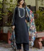 Black embroidered viscose roman silk kurta sets