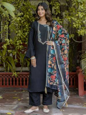 Black embroidered viscose roman silk kurta sets 2