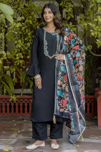 Black embroidered viscose roman silk kurta sets