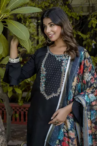 Black embroidered viscose roman silk kurta sets