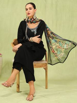 Black embroidered viscose roman silk kurta sets 1