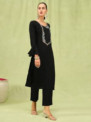 Black embroidered viscose roman silk kurta sets 2