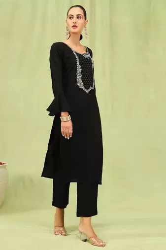 Black embroidered viscose roman silk kurta sets