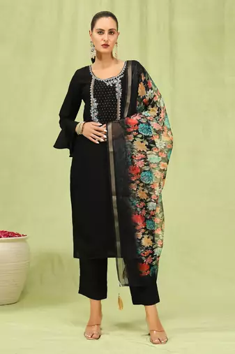 Black embroidered viscose roman silk kurta sets