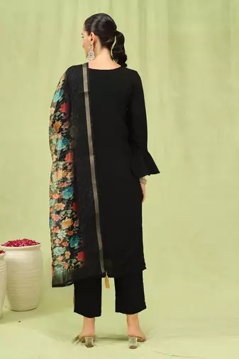 Black embroidered viscose roman silk kurta sets
