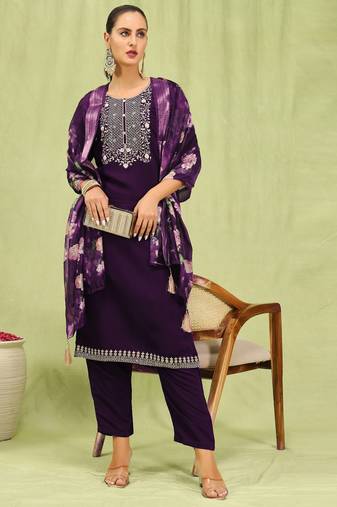 Purple embroidered viscose roman silk kurta sets