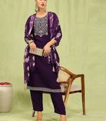 Purple embroidered viscose roman silk kurta sets