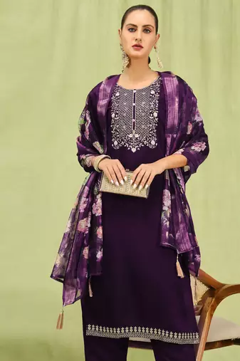 Purple embroidered viscose roman silk kurta sets