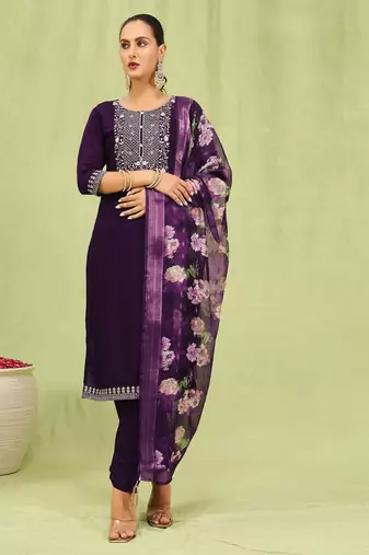 Purple embroidered viscose roman silk kurta sets